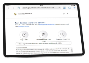Tablet com a página aberta para poder solicitar o seu Mapa de Responsabilidades do Banco de Portugal